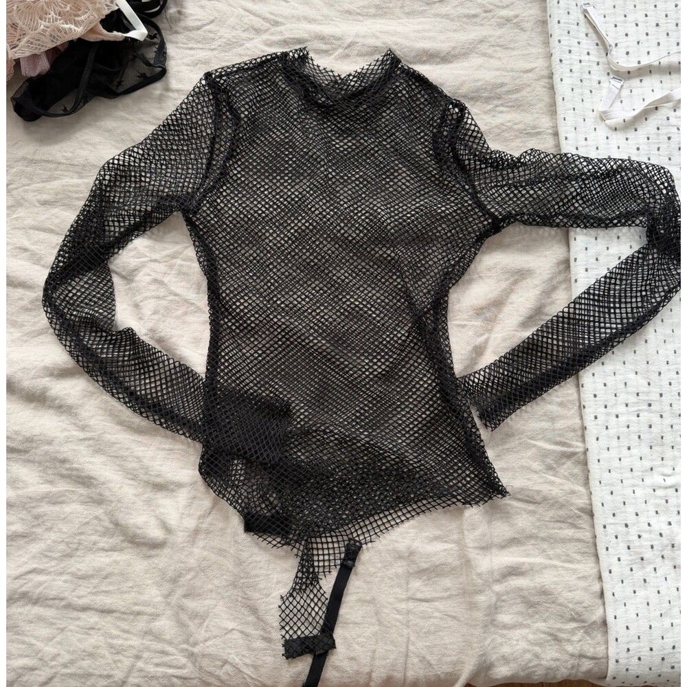 Women’s Black Fishnet Mesh Bodysuit Long Sleeve Sheer Lingerie Teddy